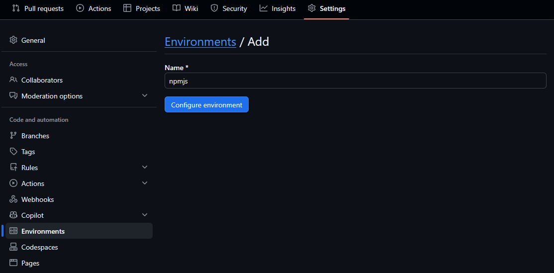GitHub add environment