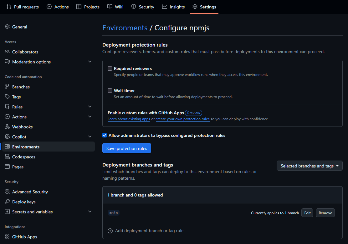 GitHub environment settings