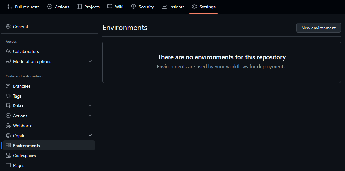 GitHub new environment