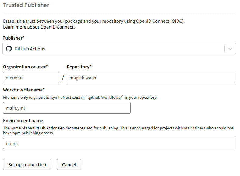 npmjs trusted publisher form